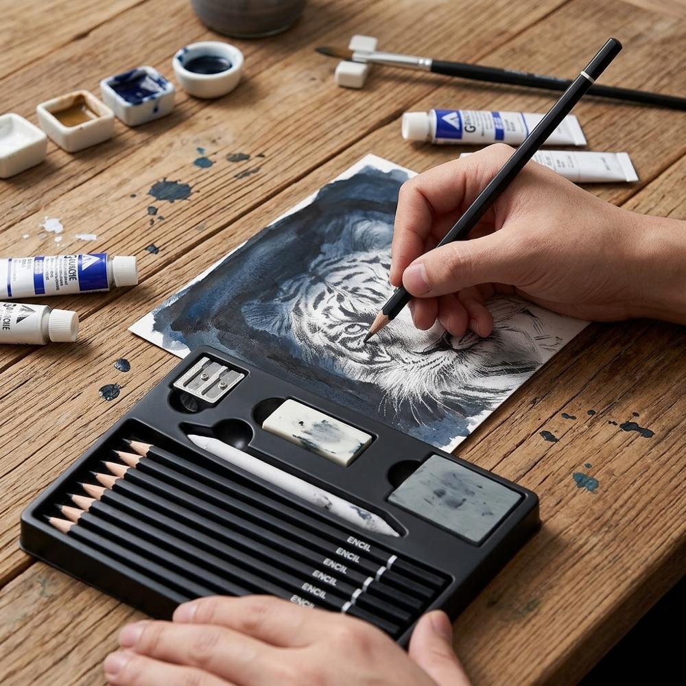 ensemble de crayons à dessin avec gomme mie de pain pour sous-dessin à la gouache