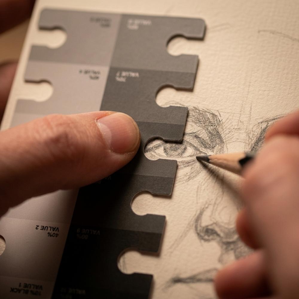 printed grey scale card with cut-out holes for judging portrait values