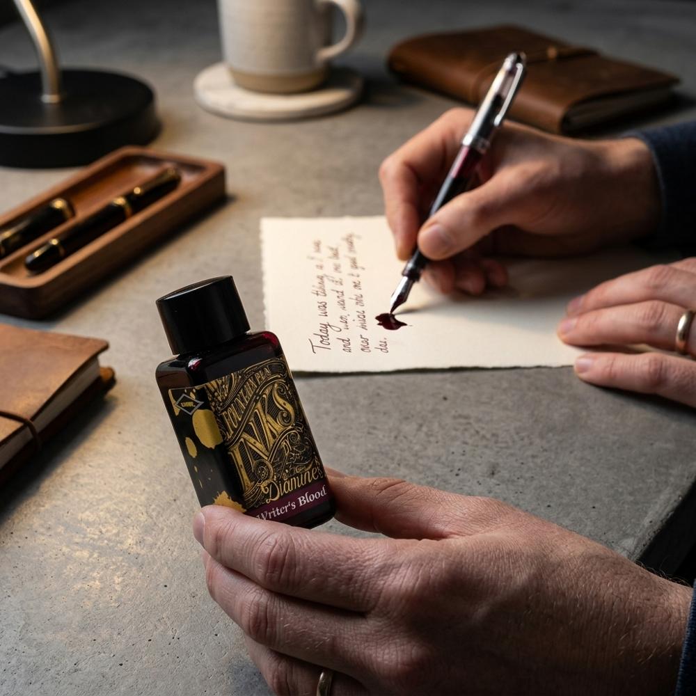 Shading fountain-pen ink in a deep oxblood red