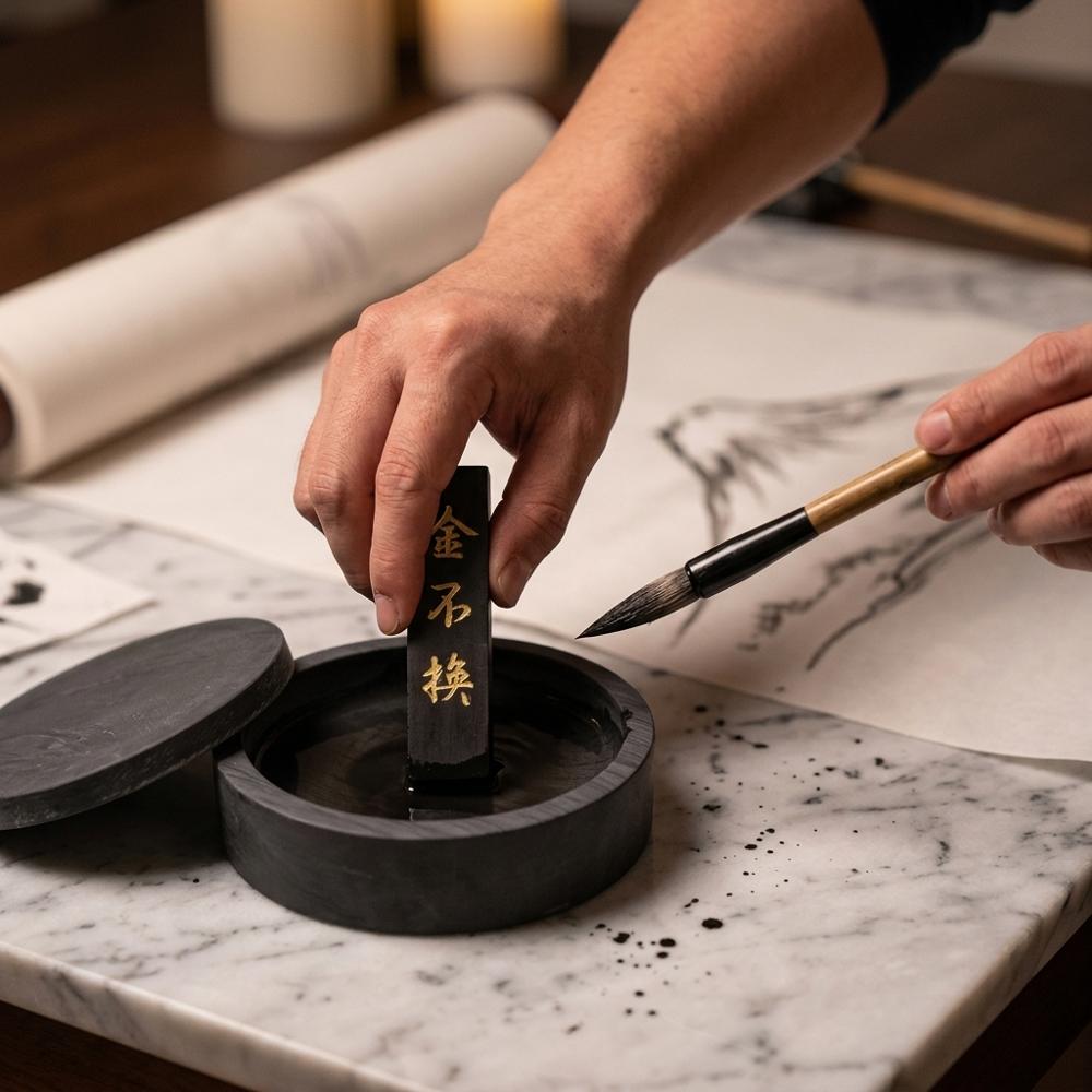 natural grinding stone with lid for making ink from a stick