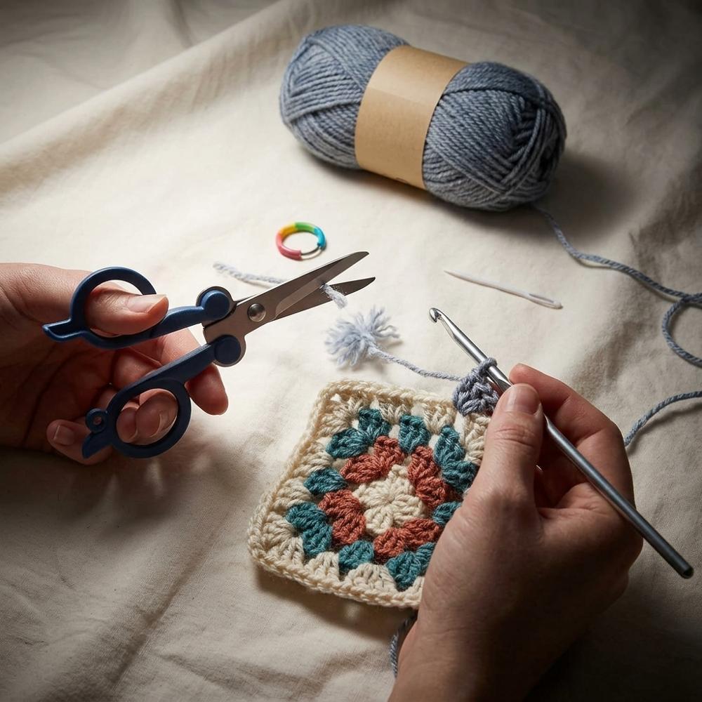 Compact folding scissors for trimming yarn on the go