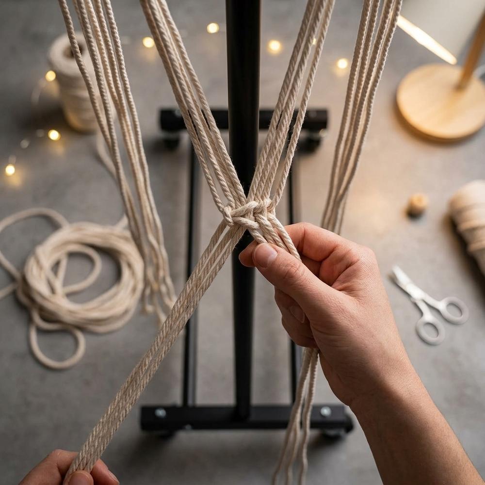 Rolling garment rack as a vertical macramé workstation