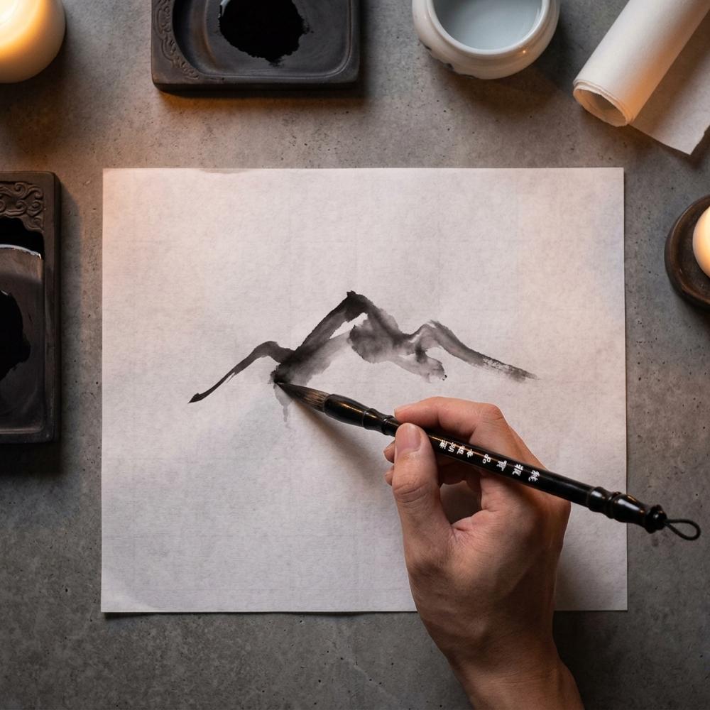 bamboo-handled ink brushes in three sizes for sumi-e strokes
