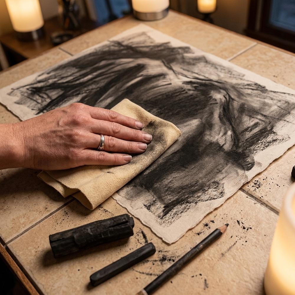 leather chamois for spreading charcoal into broad soft tone