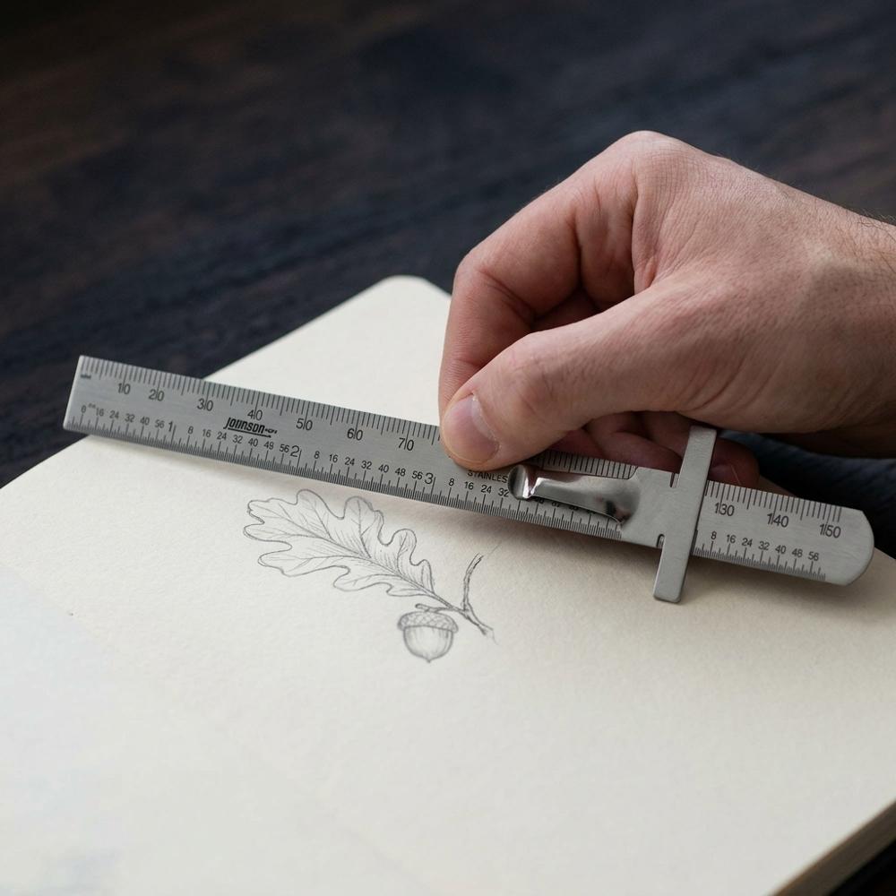 six-inch metal pocket rule for recording the size of what you draw