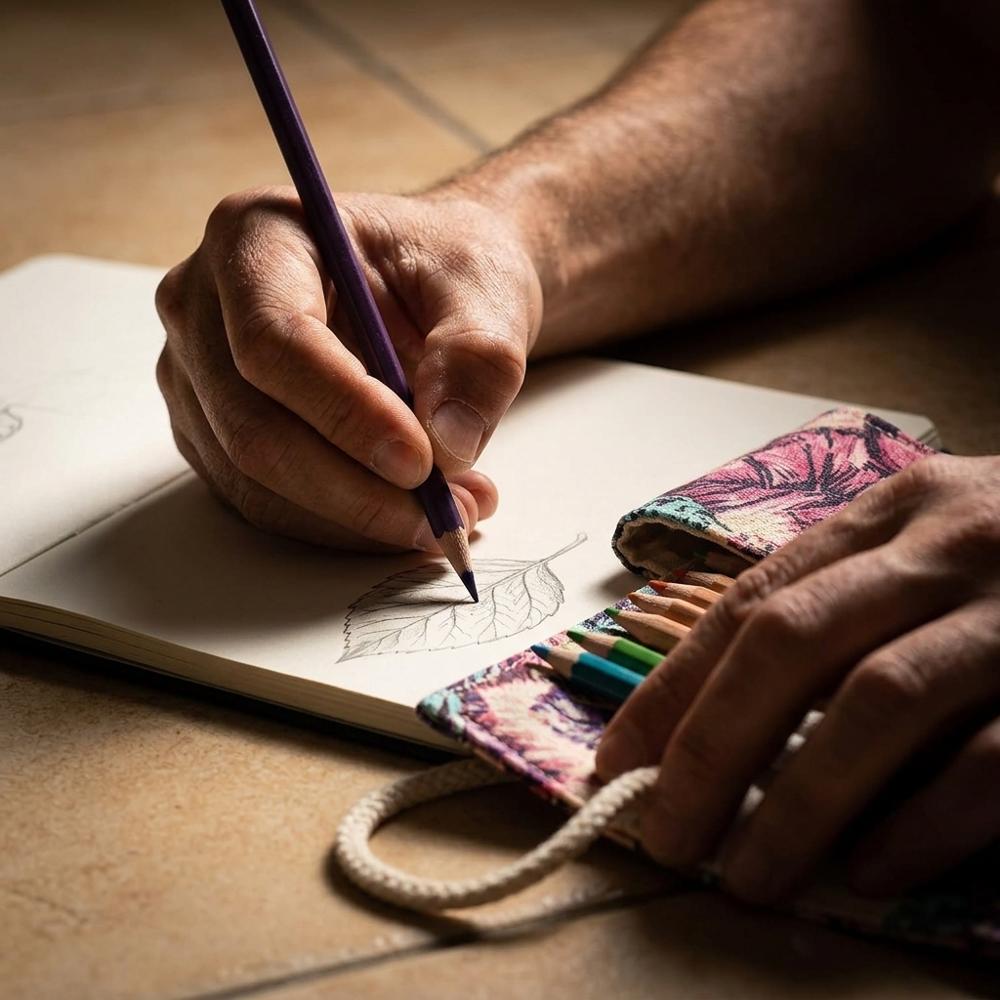 canvas roll-up wrap for carrying pencils, pens and a small brush