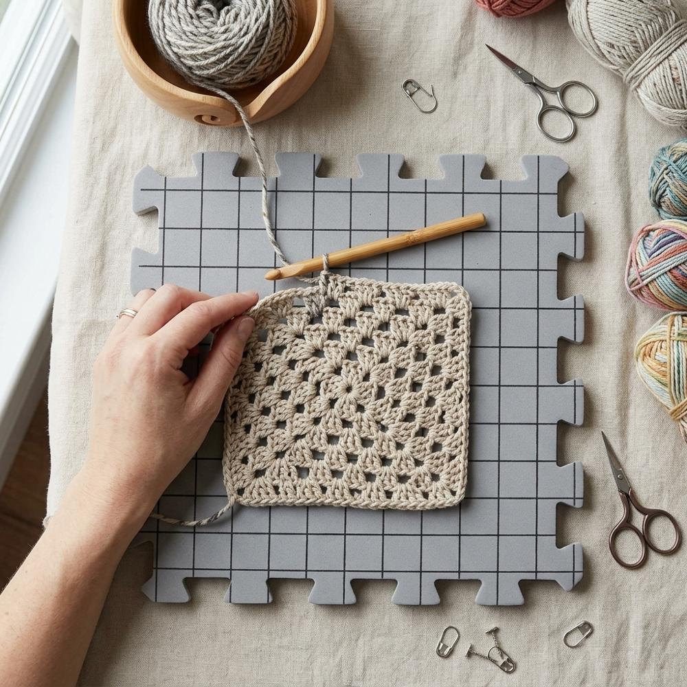 Interlocking foam blocking mats with T-pins for shaping crochet