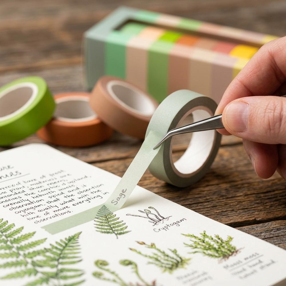 low-tack paper tape for fixing pressed leaves and found scraps into a journal