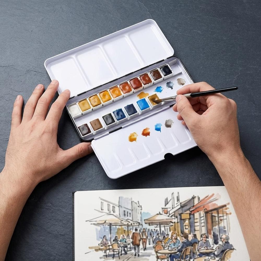 Refillable travel palette tin with mixing room