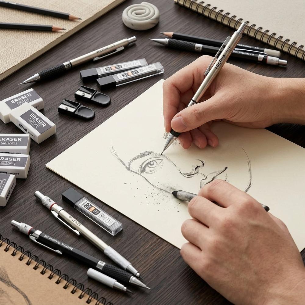 metal mechanical pencil set with multiple lead sizes for precise line work in sketching