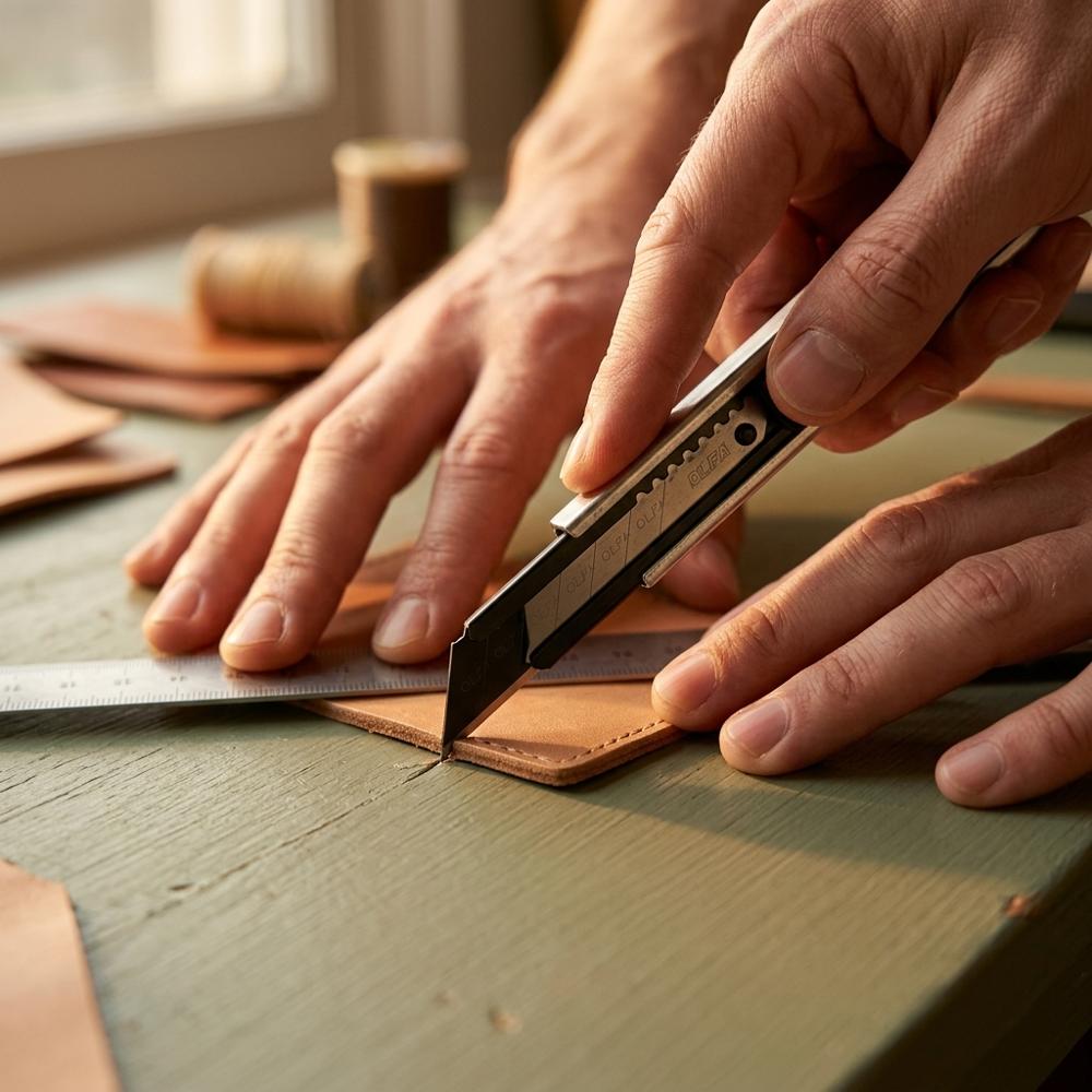 Coltello artigianale a lama spezzabile per tagliare i pannelli di pelle