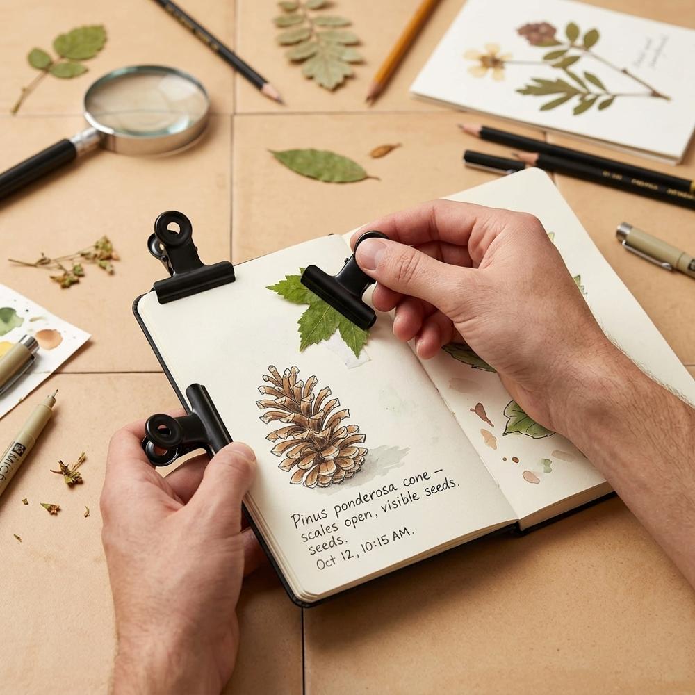 small metal hinge clips to hold journal pages flat in wind