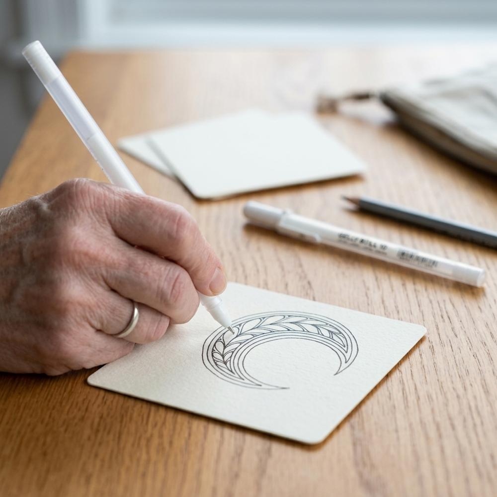 deckende weiße Gelstifte zum Zeichnen von Tangles auf schwarzem Papier