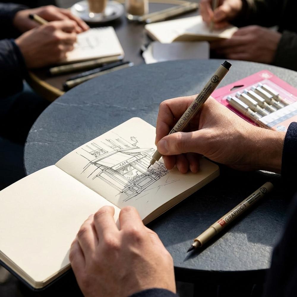 Waterproof pigment fineliners for pen-and-wash sketching