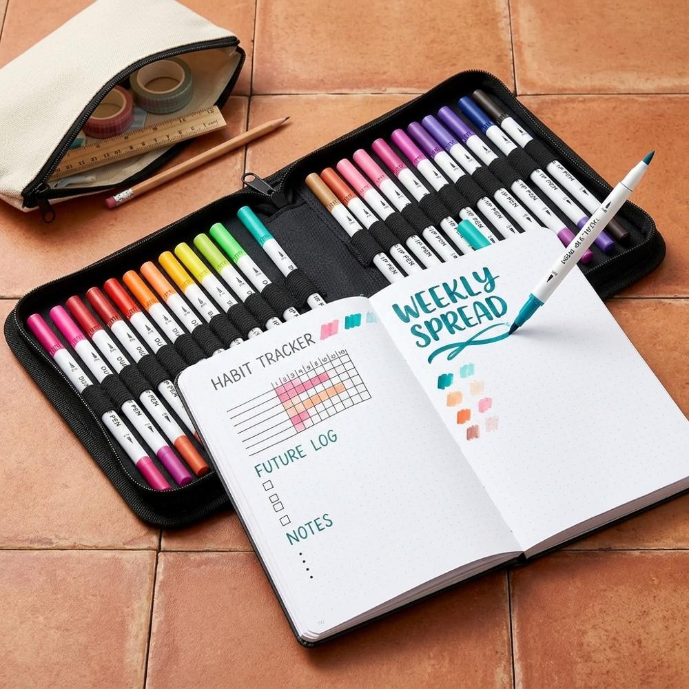 Dual-tip brush pens for lettered headers and adding color to spreads
