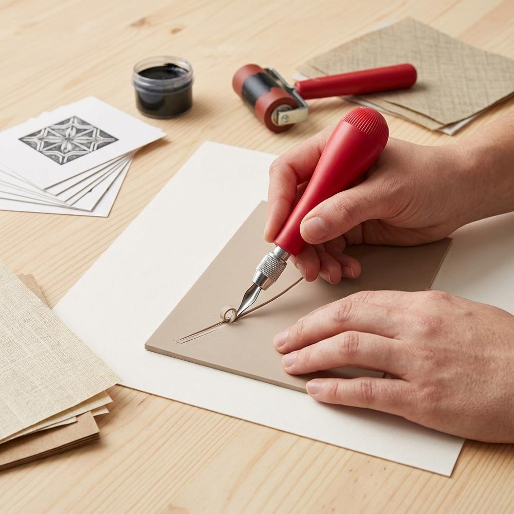 Linoleum cutter handle with assorted carving blades