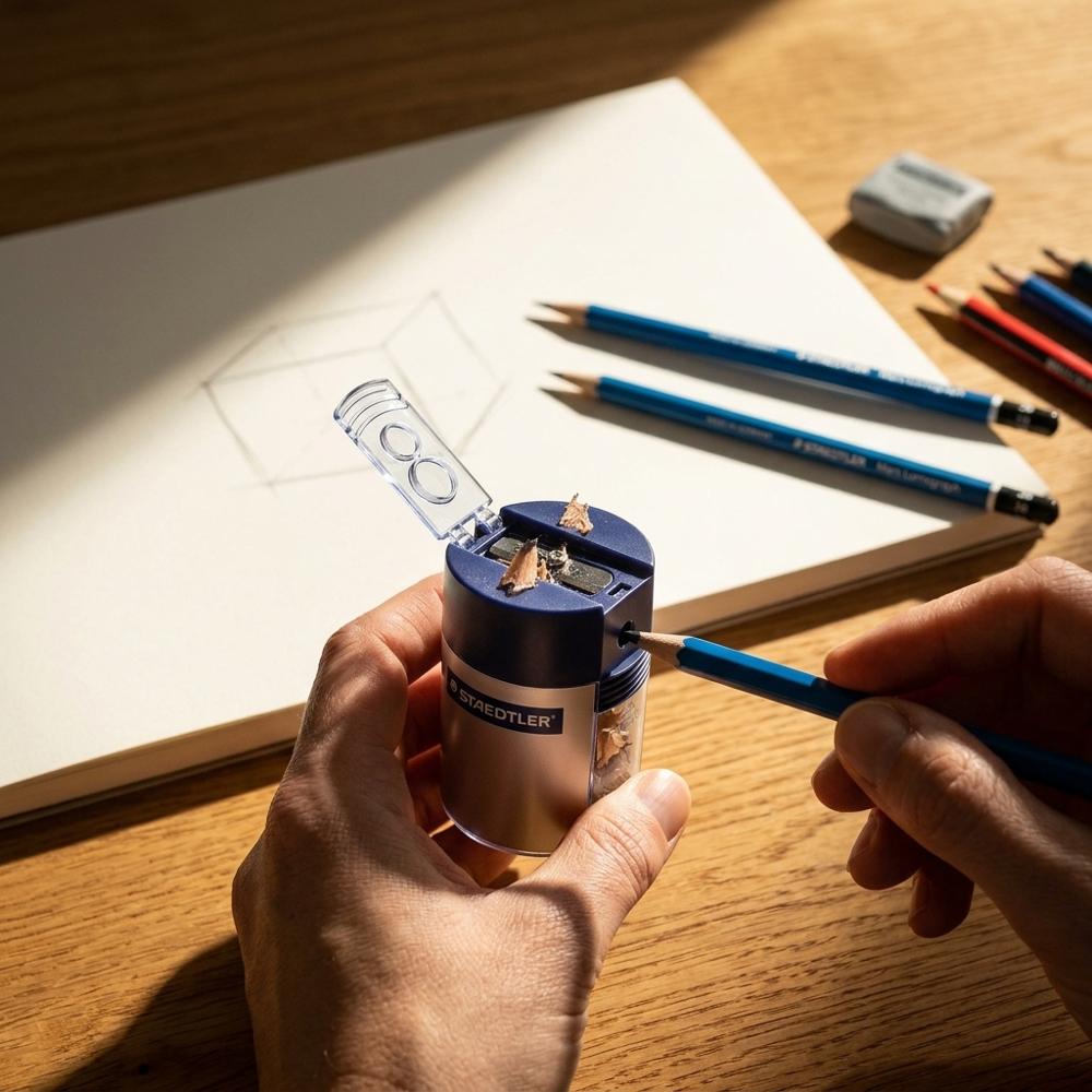 dual-hole manual pencil sharpener with shavings container for art pencils