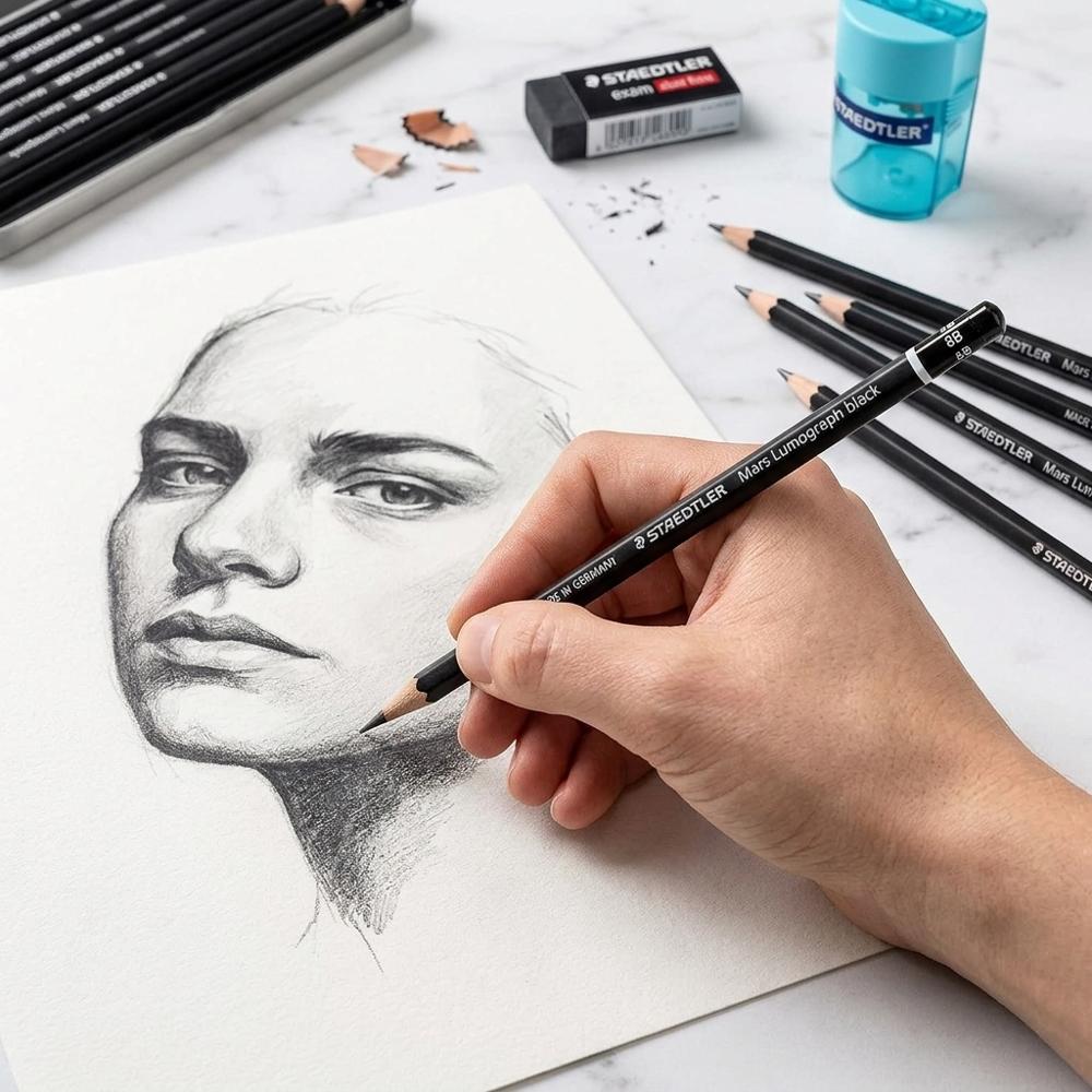 carbon-blend black pencils for the deepest matte portrait shadows