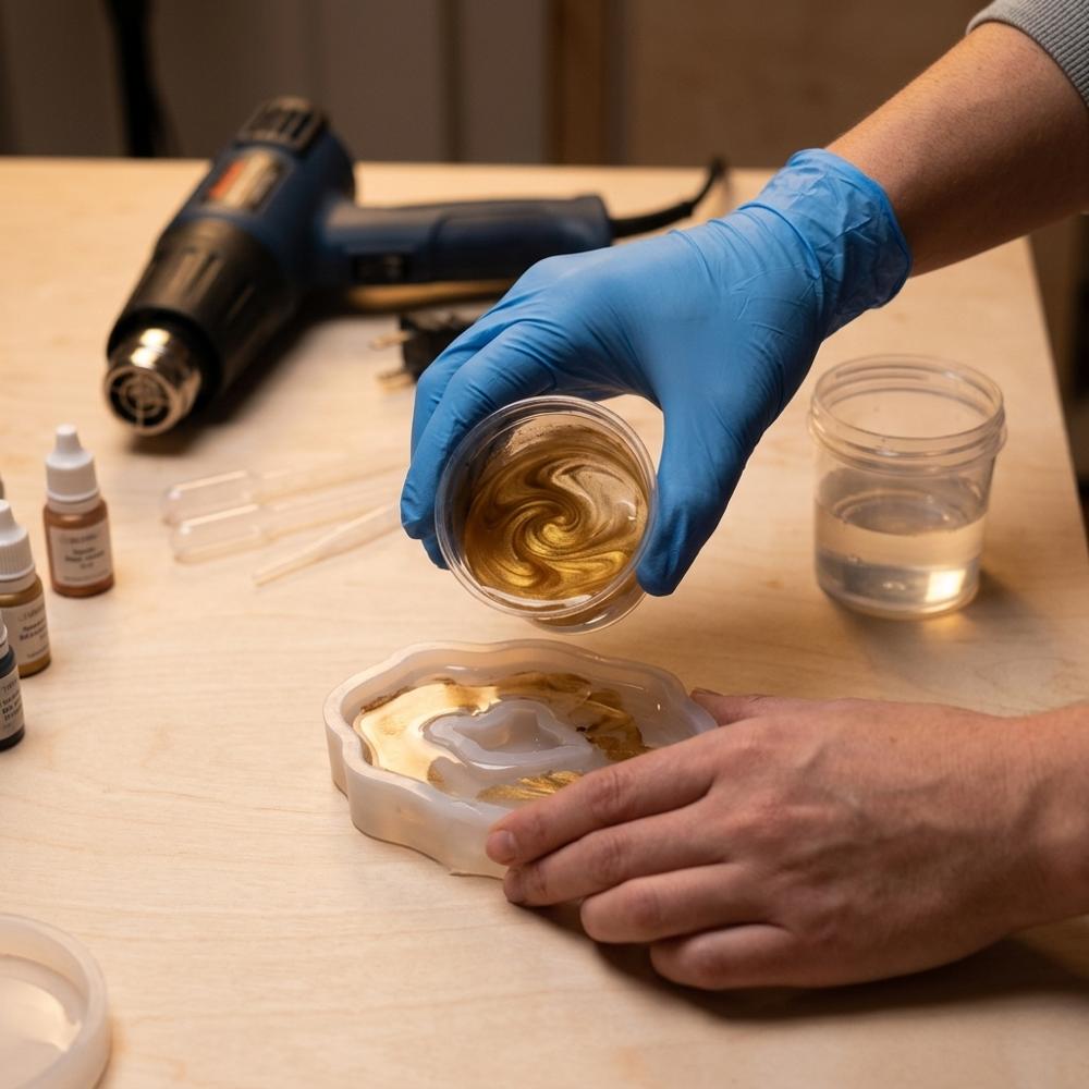 Disposable nitrile gloves for handling liquid resin