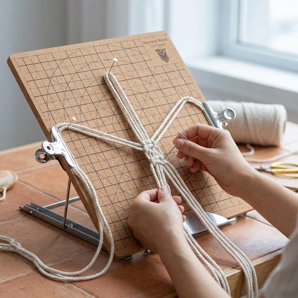 Gridded macramé project board with pins for small knotted pieces