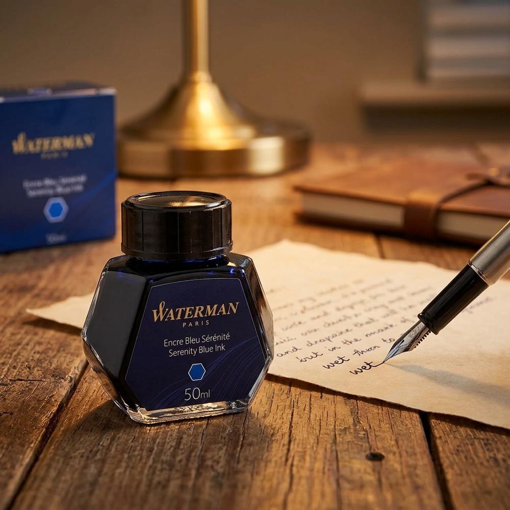 Bottled fountain-pen ink in a readable everyday blue