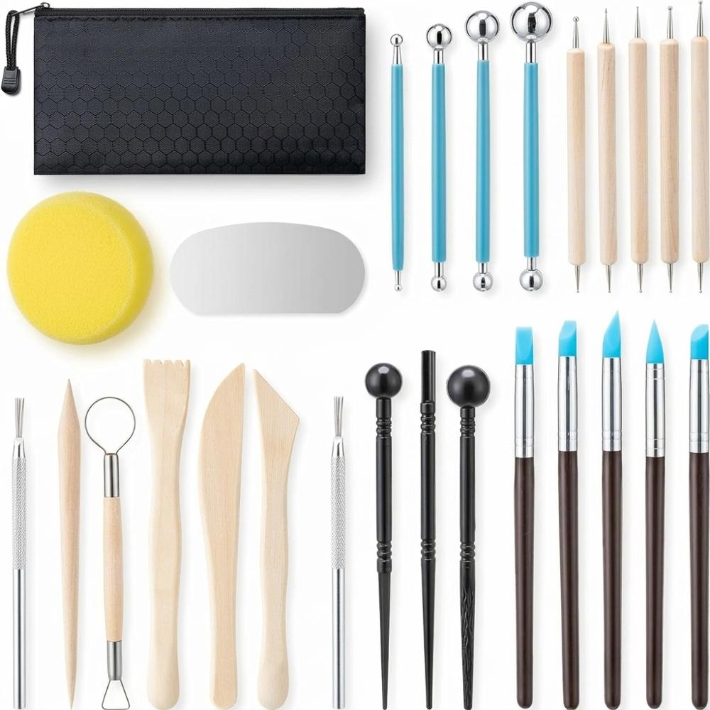27-piece polymer clay sculpting tool set with needle, dotting, and carving tools