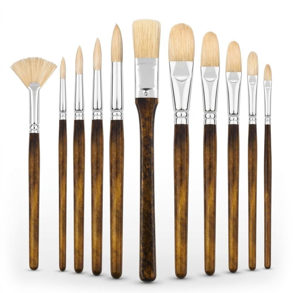 Stiff hog-bristle brush set for moving and shaping oil paint