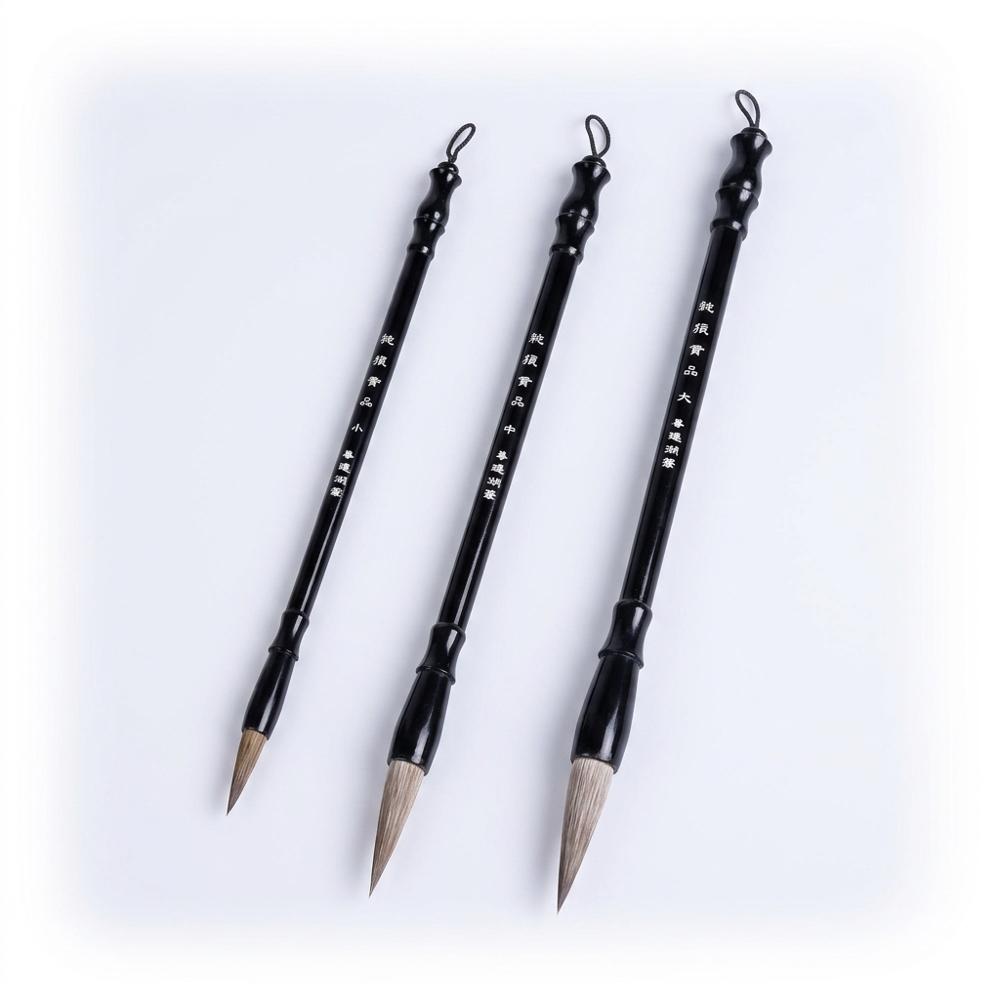 bamboo-handled ink brushes in three sizes for sumi-e strokes