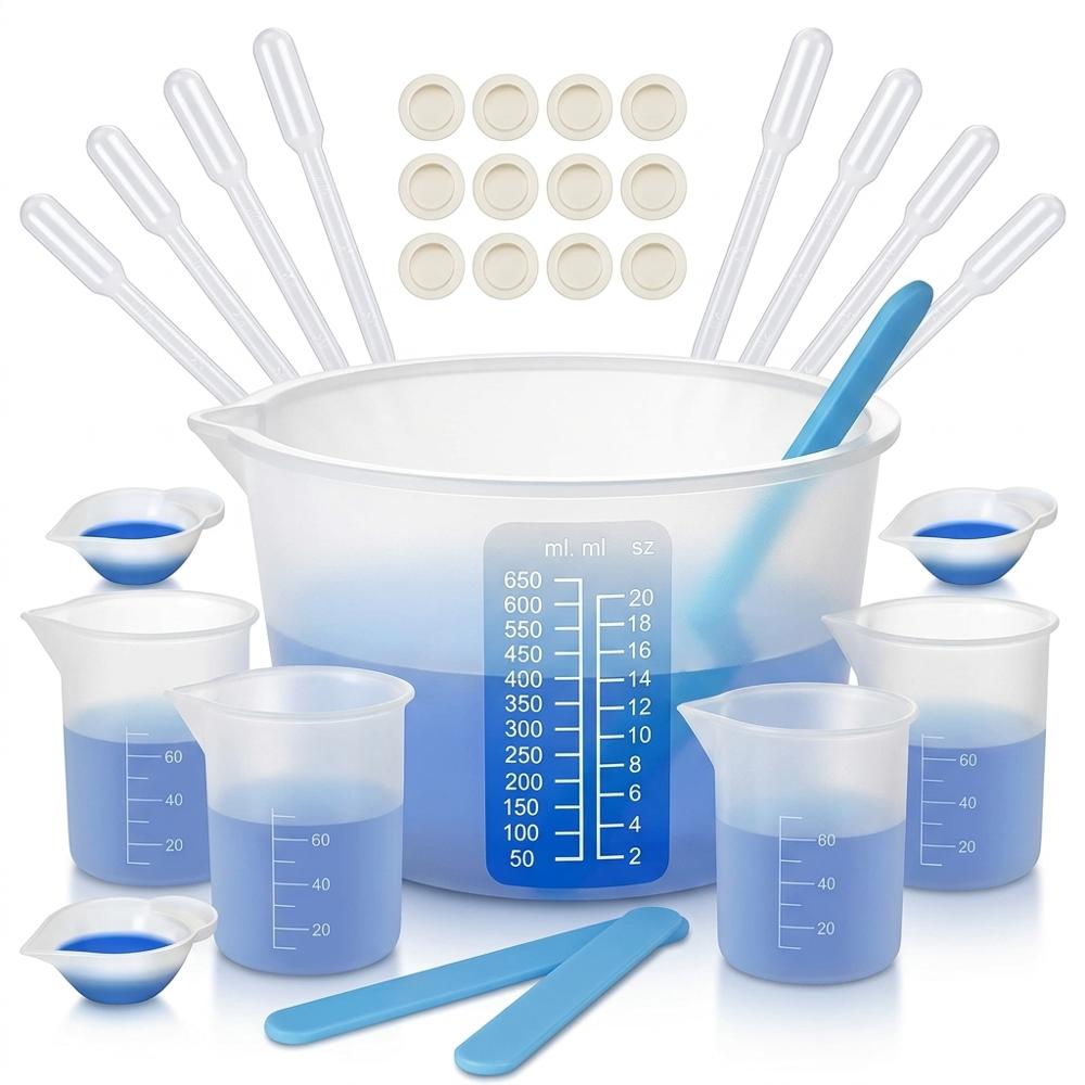 Reusable silicone measuring and mixing cups with stir sticks