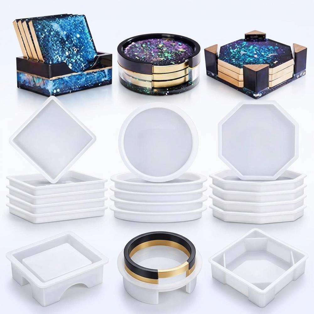 Silicone coaster molds with a matching holder mold for resin casting