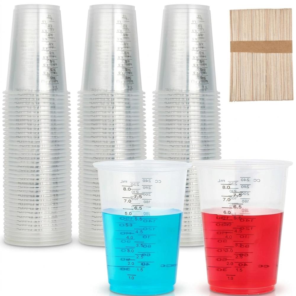 disposable plastic mixing cups with wooden stir sticks