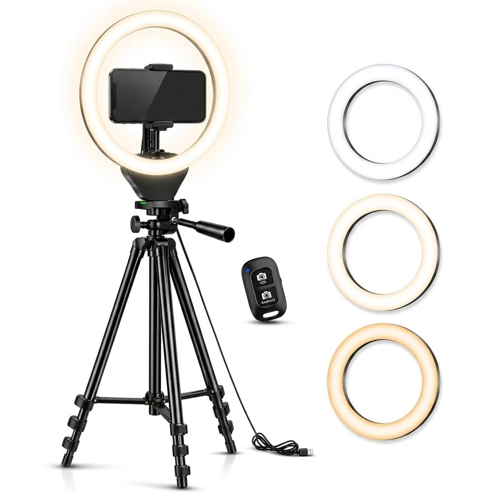 Ring light com suporte ajustável e suporte para celular
