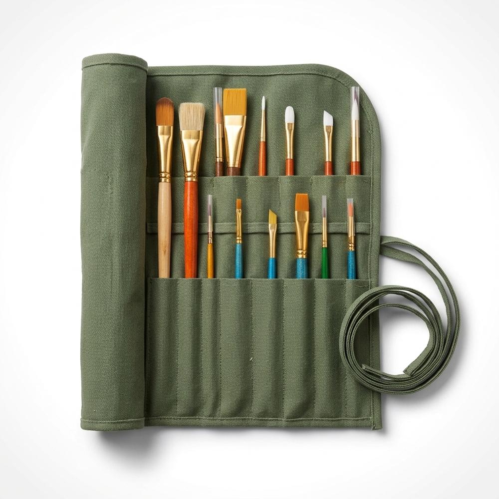 Canvas roll-up case to carry brushes, pens, and pencils