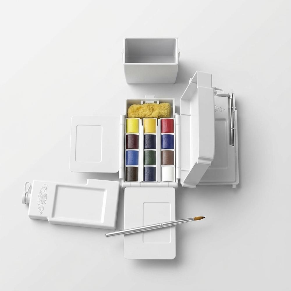 Cotman Watercolor Paint Set, Field Pocket Set, 12 Half Pans with Brush, Sponge and Bottle