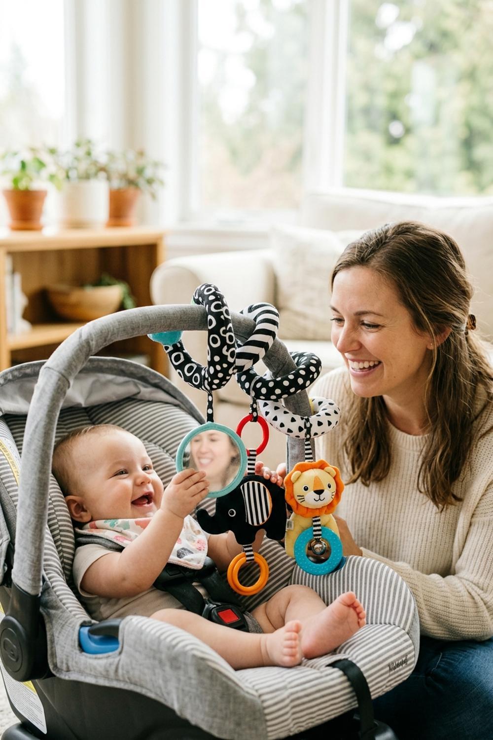 Itzy Ritzy Spiral Car Seat & Stroller Activity Toy - High Contrast with Dangling Ring and Mirror