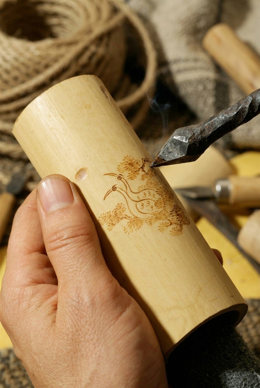 A crane takes shape on bamboo