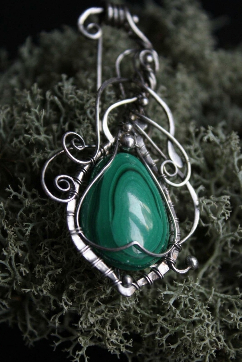 Silver scrollwork around green stone