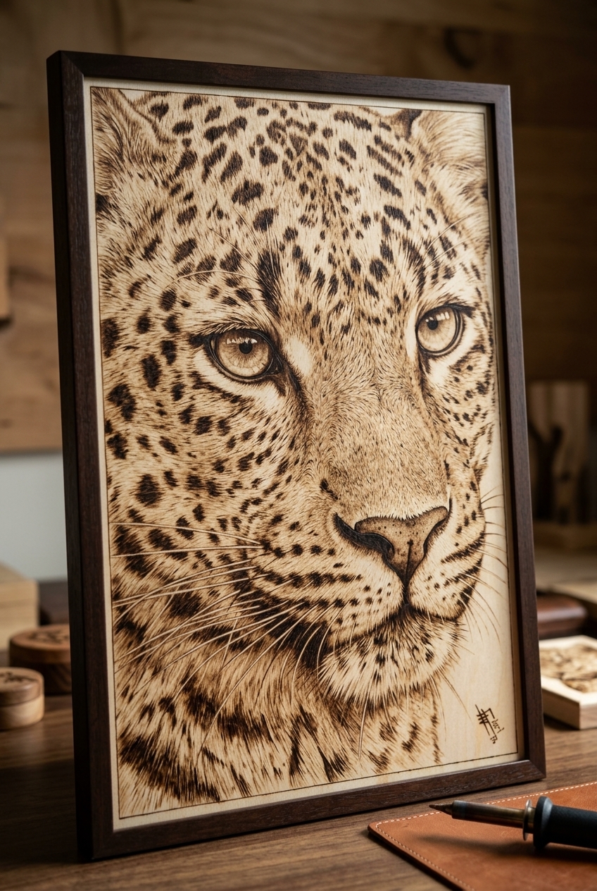 A leopard burned into wood
