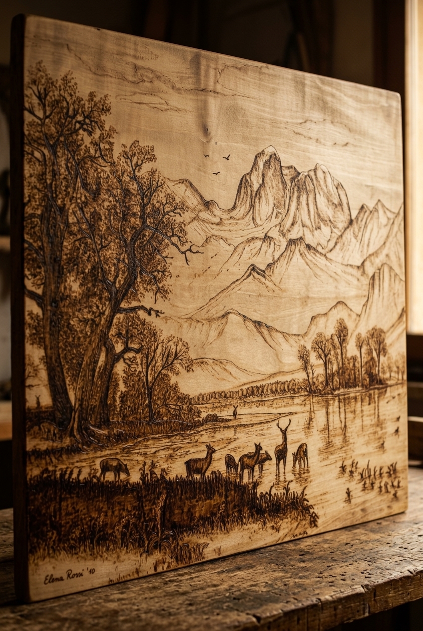 Mountains, river, grazing deer