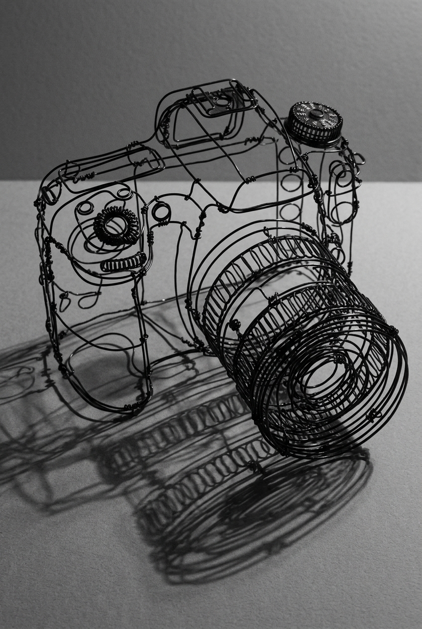 A camera drawn in bent wire