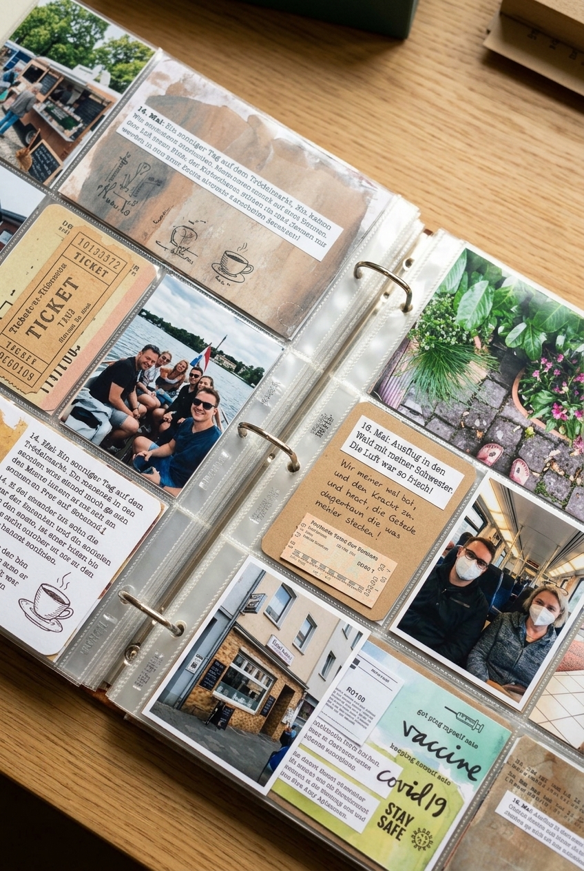 An open pocket-page album