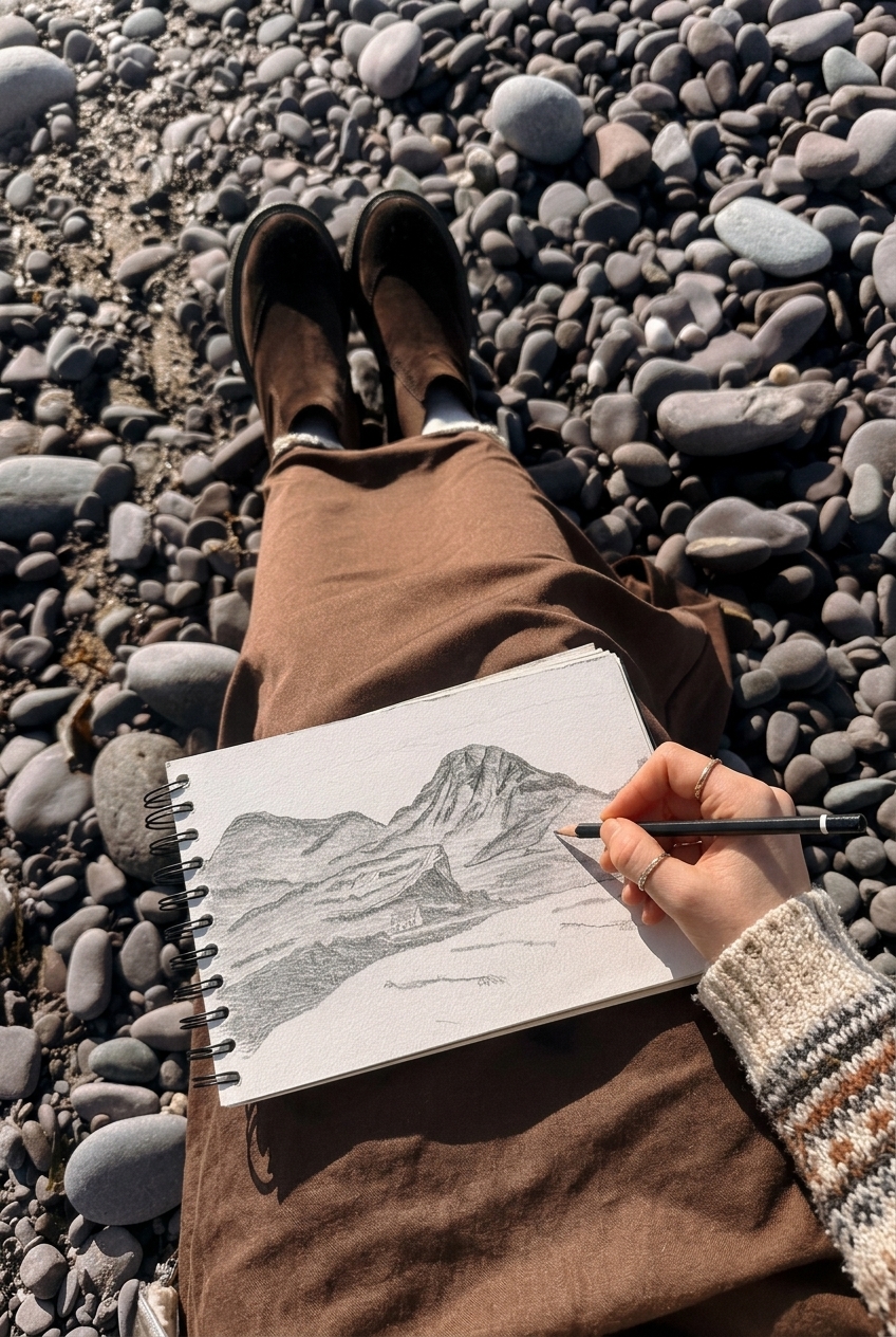 Sketching from a pebble beach