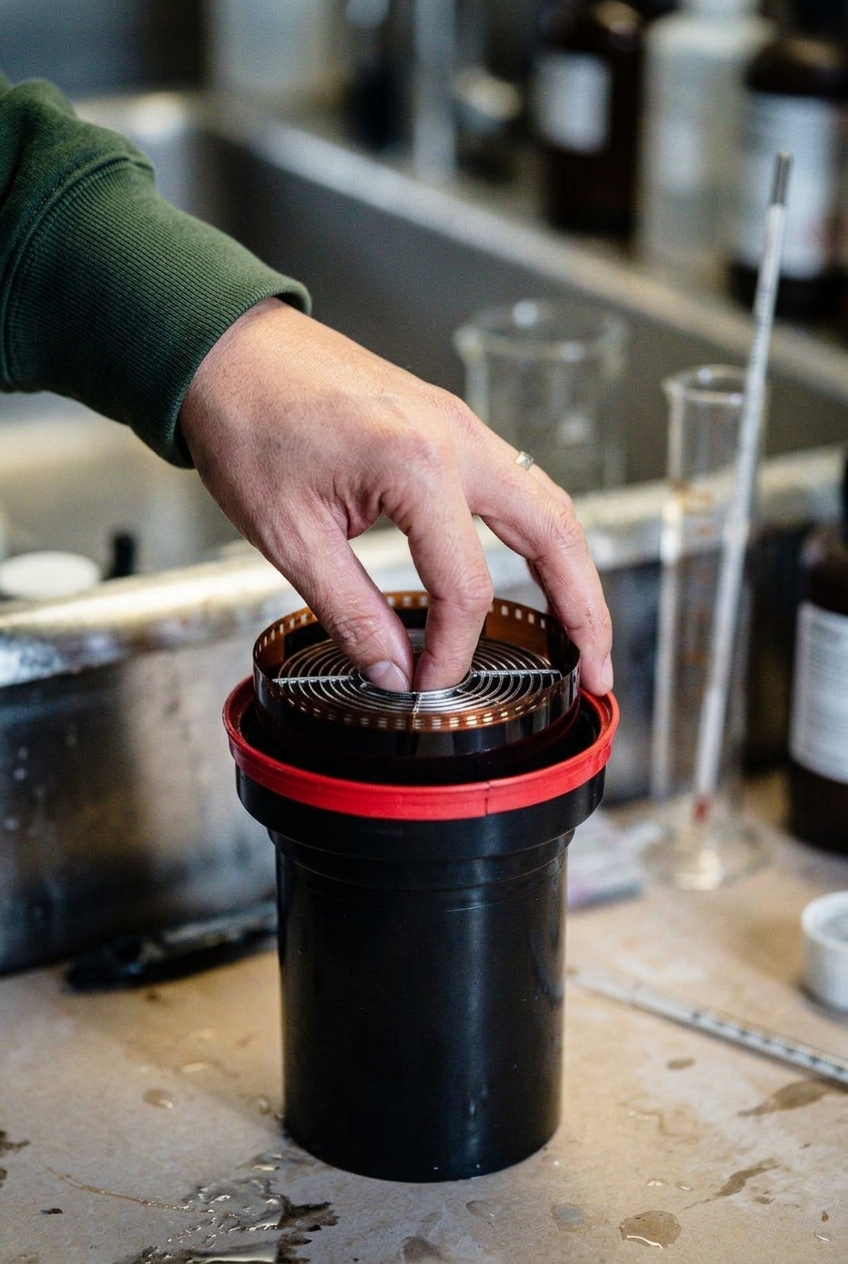 Hands at the developing tank