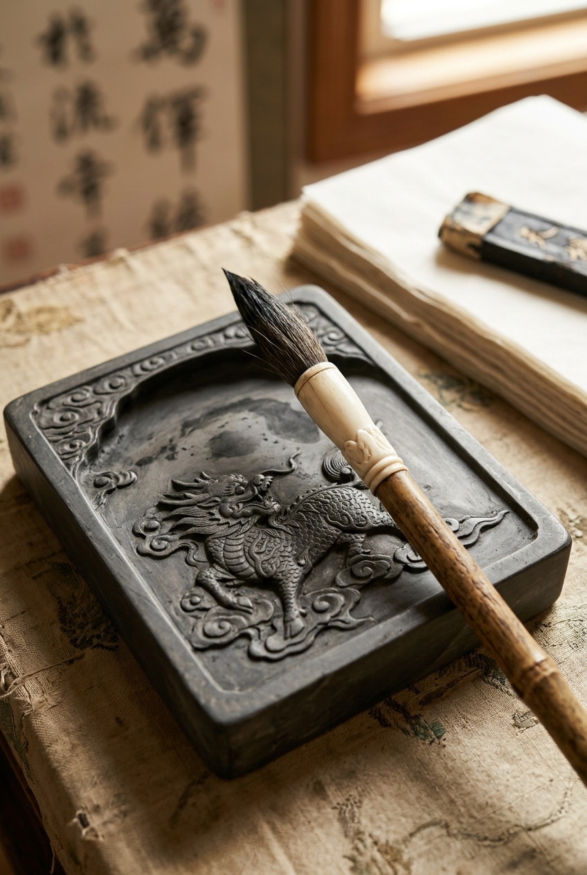A carved stone and its brush